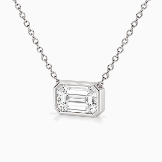 Emerald Diamond Bezel Necklace White Gold Three Quarter