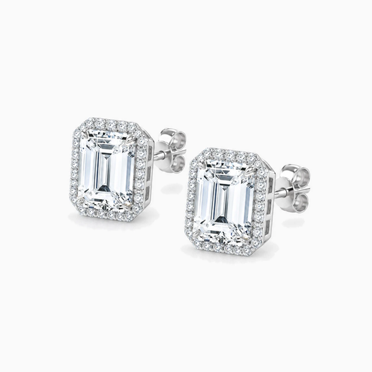 Emerald Cut Diamond Halo Earrings White Gold Angle