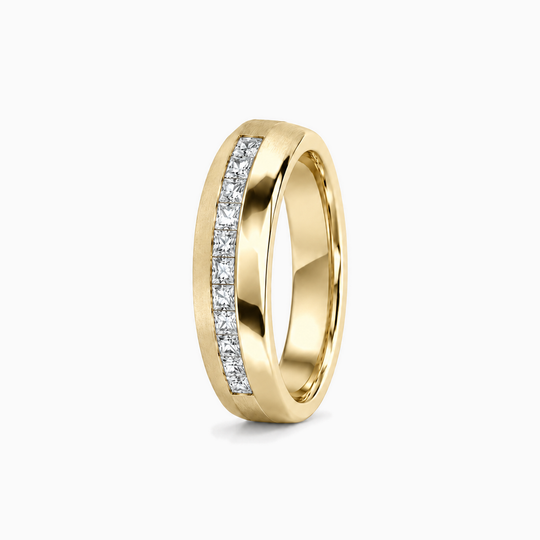 Mens Round Diamond Channel Ring 18K Yellow Gold 02 Standing