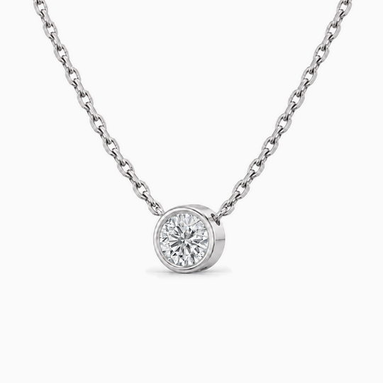 Round Diamond Bezel Solitaire Necklace White Gold Three Quarter