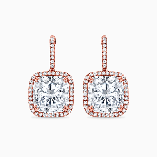 Cushion Cut Diamond Drop Halo Earrings Rose Gold Front