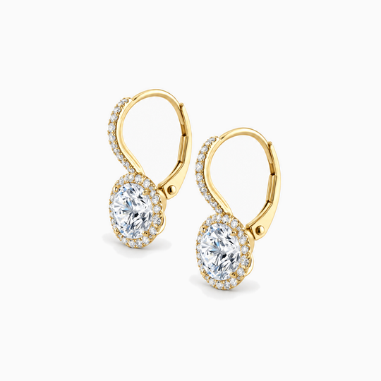 Round Diamond Drop Halo Earrings Yellow Gold Angle