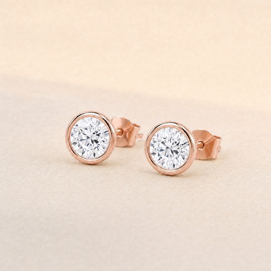 Round Bezel Diamond Studs Rose Gold Lifestyle