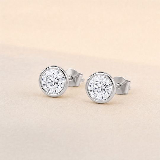 Round Bezel Diamond Studs White Gold Lifestyle