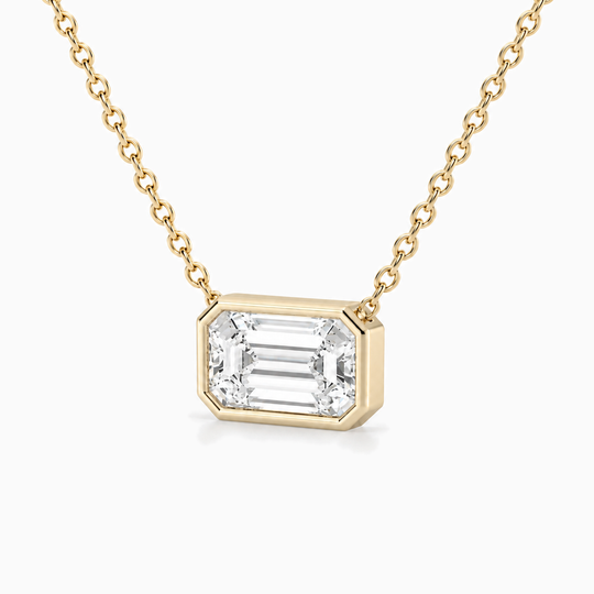 Emerald Diamond Bezel Necklace Yellow Gold Three Quarter