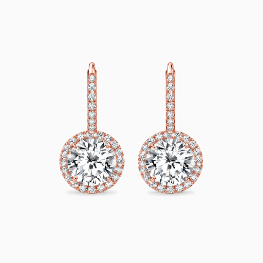 Round Diamond Drop Halo Earrings Rose Gold Front