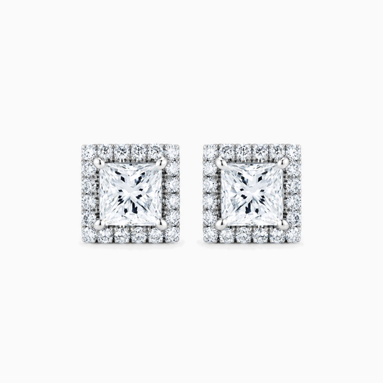 Princess Cut Diamond Halo Earrings White Gold Front